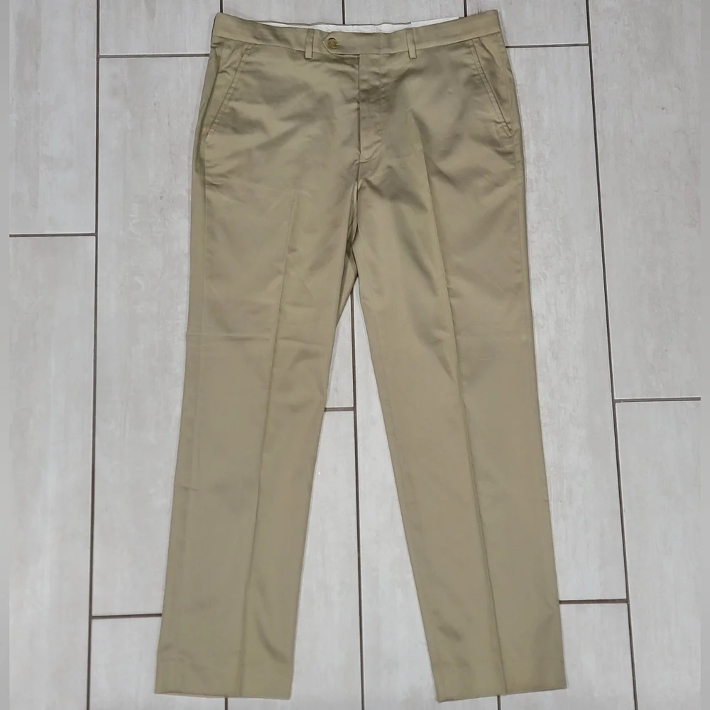 NAUTICA Men's Modern-Fit Ceylon Linen Solid Tan Khaki Dress Pants